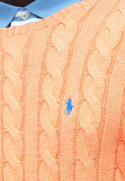 Πορτοκαλί πουλόβερ με πλέξη καλωδίου, ριμπ στις λαιμόκοψη και μπλε κεντημένο λογότυπο. Φορεμένο πάνω από ένα ανοιχτό μπλε πουκάμισο με ρίγες και γιακά.