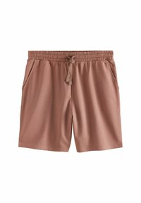 Pantalones cortos marrones, ligeros, con cinturilla elástica y cordón, que cuentan con dos bolsillos laterales y una textura suave.