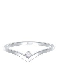 Sterling sølvring med en V-formet band, der har en central rundslibet klar ædelsten, poleret finish og subtil detaljering ved stenens indstilling.