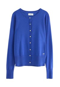 Cardigan blu reale in tessuto a maglia. Presenta una scollatura rotonda, chiusura con bottoni simili a perle e polsini a coste.