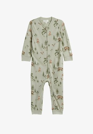 Grøn bomuldsheldragt med dyre- og træmønster, lange ærmer og lynlås foran. Blød tekstur med tætsiddende manchetter ved anklerne.