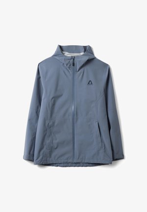 Giacca impermeabile blu con cappuccio, chiusura frontale con zip, due tasche laterali e piccolo logo Altavia sul petto, mostrata su sfondo bianco.