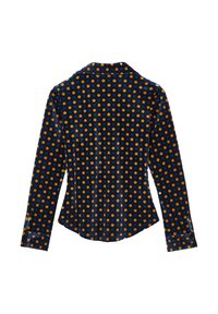 Camicia aderente a maniche lunghe di colore navy con un motivo geometrico di esagoni arancioni e blu. Tessuto testurizzato con colletto e polsini con bottoni.