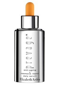 Silverfärgad glasampull med ett orange pipettlock. Etiketten har texten "Prevage anti-aging + intensiv reparerande dagserum."