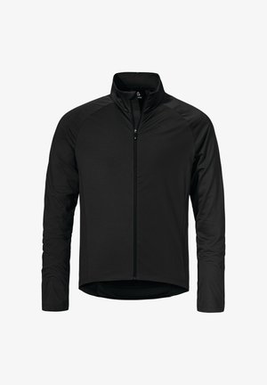 Black, long-sleeved jacket with a high collar and a full front zipper. Made from smooth, lightweight material with durable stitching.