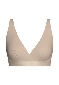 Beige wireless bra with a deep V-neck design. Made from smooth fabric with a wide elastic band featuring embossed branding.