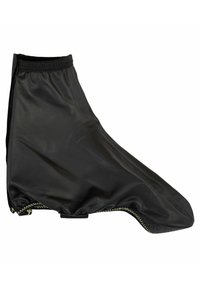 Zwarte waterdichte schoenhoes met een gladde textuur, ritsdetail, elastische openingen en een gestructureerde zool voor betere grip en pasvorm.