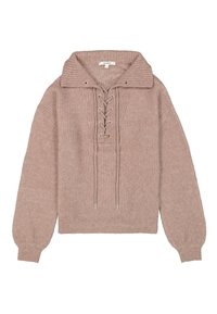 Bruine gebreide pullover met een brede kraag, een vetersluiting aan de voorkant en een geribbelde textuur. Beschikt over lange, losse mouwen en een cropped zoom.