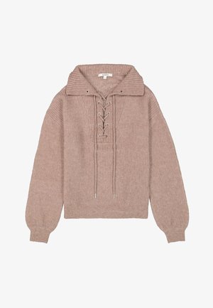 Pull en tricot marron avec un large col, un devant à lacets, et une texture côtelée. Il a des manches longues et amples ainsi qu'un ourlet court.