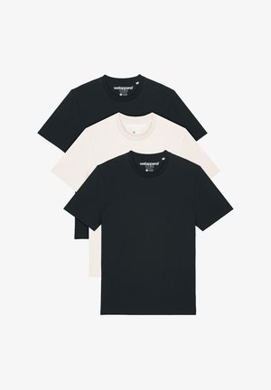Drei T-Shirts: zwei schwarz und eines beige. Klassischer Rundhalsausschnitt, kurze Ärmel, aus weichem Baumwollstoff mit glatter Textur.
