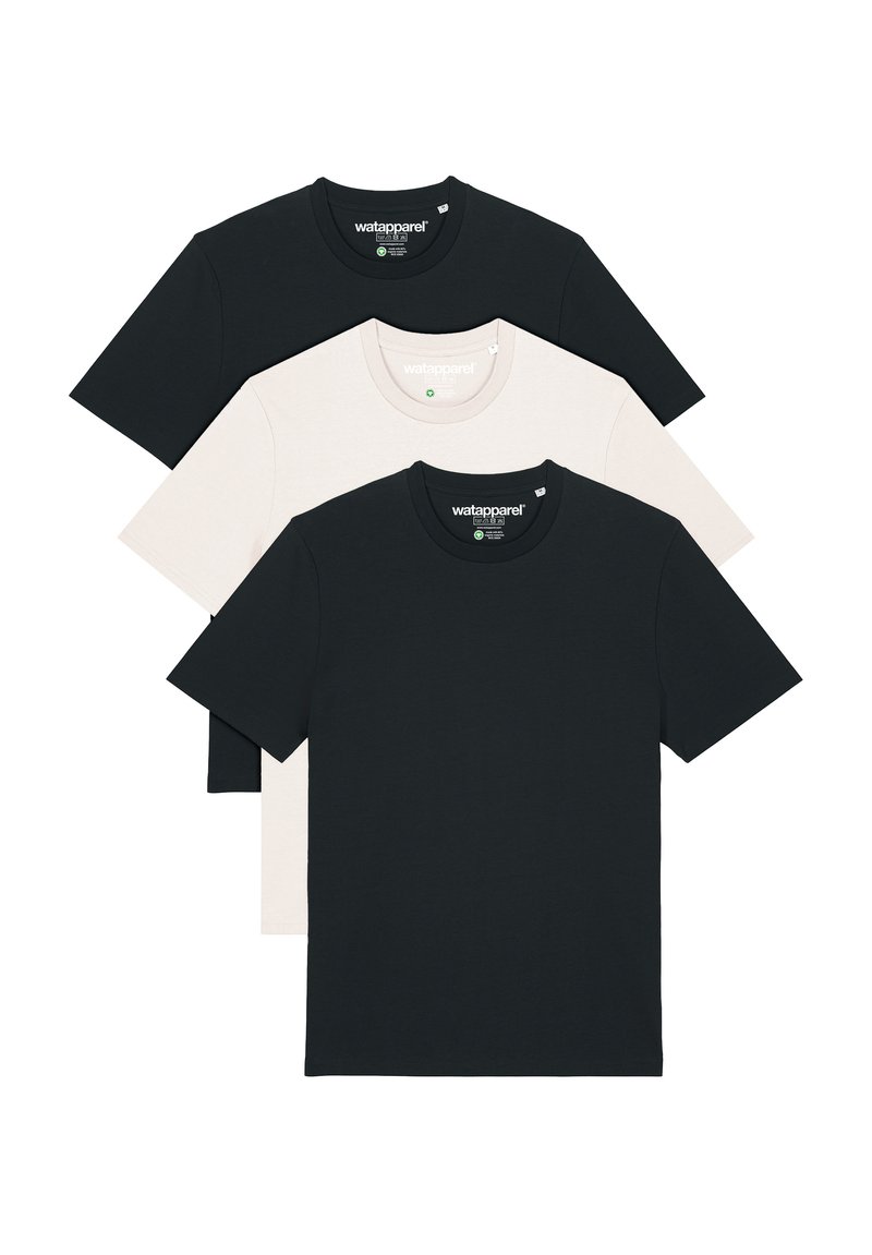 Drei T-Shirts: zwei schwarz und eines beige. Klassischer Rundhalsausschnitt, kurze Ärmel, aus weichem Baumwollstoff mit glatter Textur.