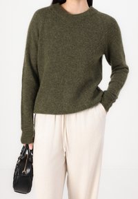 Maglione verde in misto lana con scollo rotondo e maniche lunghe, caratterizzato da una vestibilità rilassata e polsini a costine. Abbinato a pantaloni beige chiaro.
