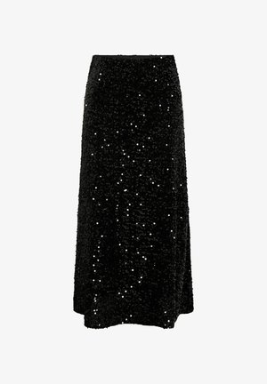 Juoda blizgučiais dekoruota maksi sijonas, turintis tiesią siluetą ir elastingą juosmenį. Blizganti, tekstūruota paviršius su atspindinčiais blizgučiais visame sijone.