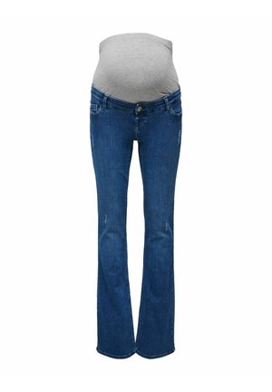 Maternity jeans with a dark blue denim, boot cut design, featuring a gray stretchy panel at the waist for comfort and support.