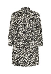 Zwart-witte abstracte jurk met verenpatroon, lange mouwen, een knoopsluiting bij de kraag en gathering bij de manchetten.