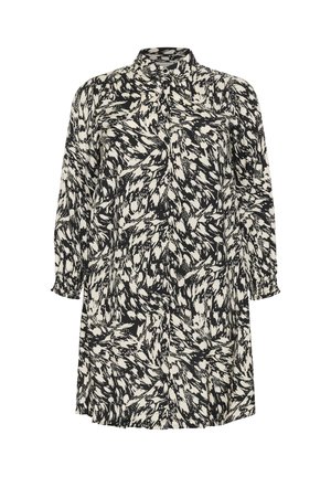 Schwarz-weißer abstrakter Feder-Design langärmeliges Kleid mit Knopfkrause und gerafften Manschetten.