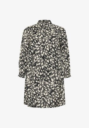 Robe longue à manches longues à motif abstrait de plumes en noir et blanc, avec un col boutonné et des poignets froncés.