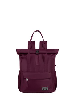 Dark purple roll-top backpack with front zipper pocket, top handle, and padded shoulder straps on a white background.