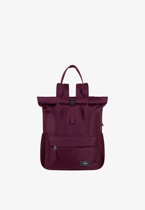 Dark purple roll-top backpack with front zipper pocket, top handle, and padded shoulder straps on a white background.