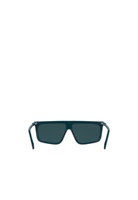 Prostokątne okulary przeciwsłoneczne z ciemnymi soczewkami, turkusową plastikową oprawką, cienkimi zausznikami oraz metalicznymi akcentami przy zawiasach. Minimalistyczny design.