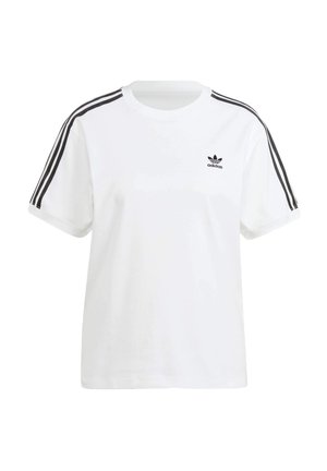 White cotton t-shirt featuring short sleeves, a round neck, and black vertical stripes on the shoulders, with a small black logo on the chest.