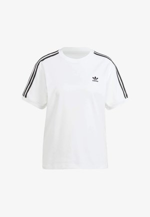 White cotton t-shirt featuring short sleeves, a round neck, and black vertical stripes on the shoulders, with a small black logo on the chest.