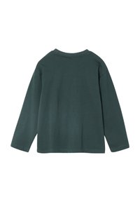 Long-sleeve, dark green cotton top with a round neckline and a relaxed fit. Features stitched hem and cuffs, no additional patterns or accents.