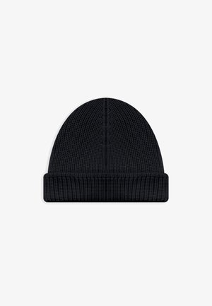 Czarna dziana czapka z prążkowaną fakturą, z podwójnym mankietem. Gładki materiał z zaokrąglonym kształtem góry.