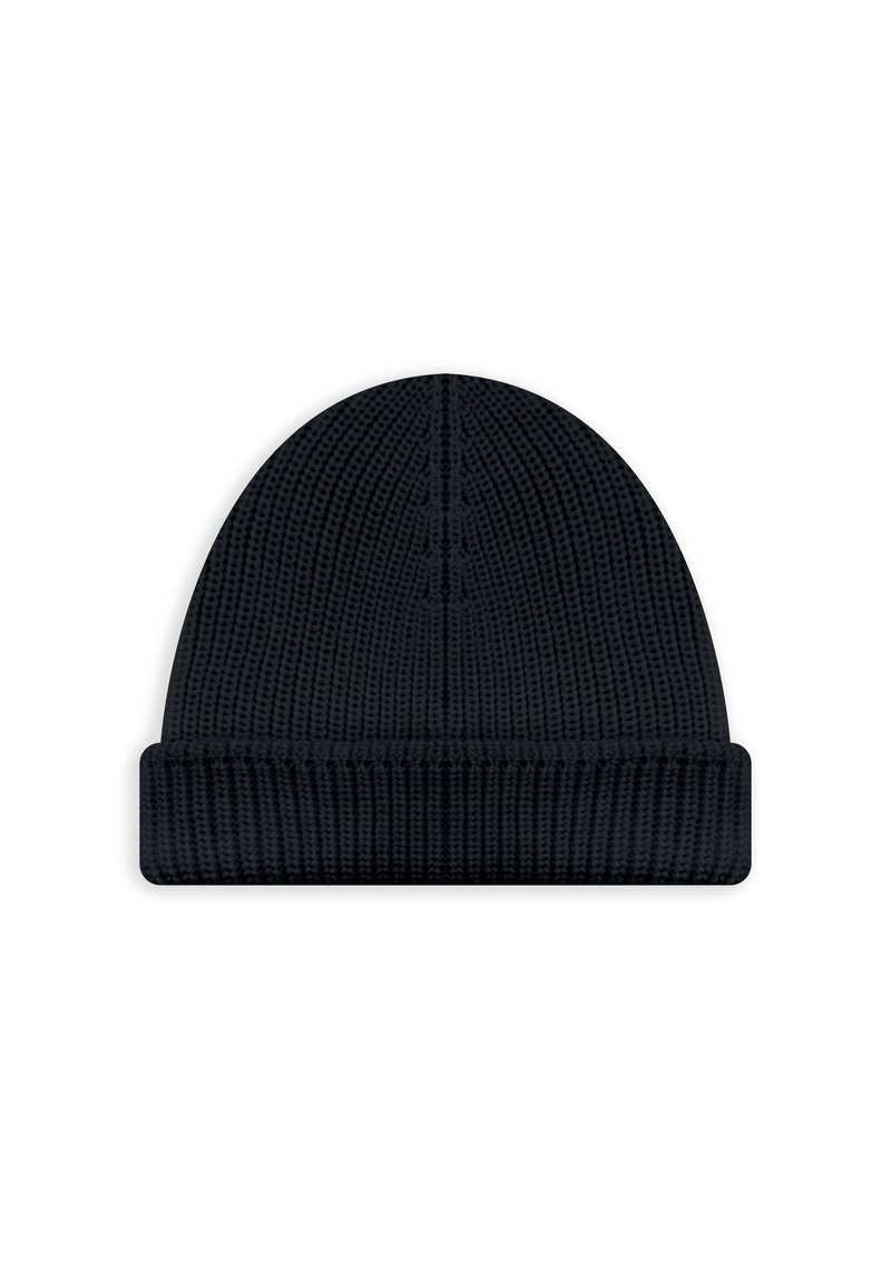 Cappello berretto nero lavorato a maglia con una texture a coste, caratterizzato da un design con risvolto. Tessuto liscio con una forma arrotondata sulla parte superiore.