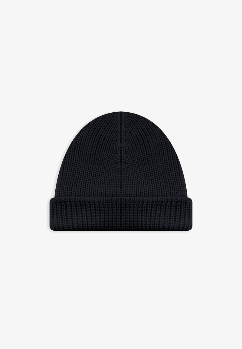 Cappello berretto nero lavorato a maglia con una texture a coste, caratterizzato da un design con risvolto. Tessuto liscio con una forma arrotondata sulla parte superiore.