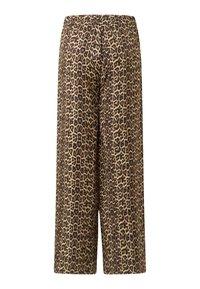 Culotte hlače s leopard uzorkom, s rastezljivim pojasom, slobodnim krojem i duljinom do sredine lista, u nijansama smeđe i crne boje na bež pozadini.