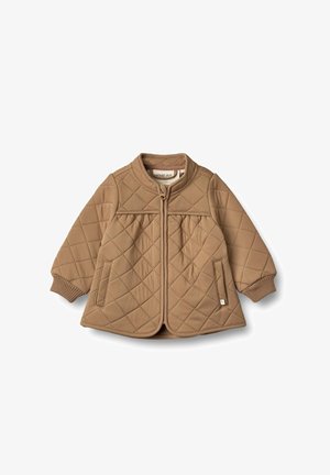 Beżowa pikowana kurtka z okrągłym kołnierzem, zapięcie na zamek z przodu i dwoma bocznymi kieszeniami. Posiada ribbowane mankiety i gładką teksturę materiału.