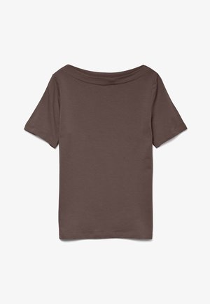 T-shirt marron à manches courtes avec un large col rond, posé à plat sur un fond blanc.