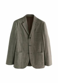 Maßgeschneiderter brauner Karoblazer mit einer Brusttasche, zwei vorderen Taschen und Reverskragen, vor einem weißen Hintergrund präsentiert.