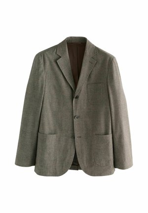 Skræddersyet brun ternet blazer med en enkelt lomme, to forlommer og reverskrave, vist mod en hvid baggrund.