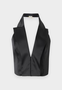 Top halter de satin preto com um decote em V profundo, colar estruturado e corpete ajustado com as costas altas. Textura suave e elegante.