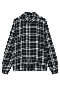 Camicia a maniche lunghe effetto scozzese bianco e nero con colletto a punta e polsini con bottoni, distesa su sfondo bianco.