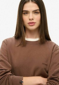 Felpa marrone con collo rotondo e polsini a coste. Presenta un piccolo logo "Superdry" sul petto e un dettaglio a contrasto sul colletto.