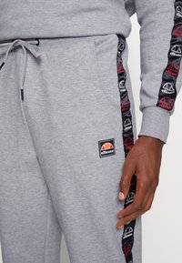 Grijze sweatshirt met een ronde hals en elastische manchetten, voorzien van een zwarte zijkantstreep met rode logo-accenten en een klein merklogo op de voorkant.