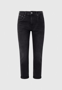 Jeans de mezclilla negra con un diseño de pierna recta, que presentan un dobladillo enrollado, cinco bolsillos y detalles de metal.