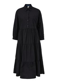 Robe midi noire à manches longues, à étages, avec col, boutonnée sur le devant et munie de poignets, réalisée en tissu léger.