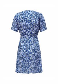 Sukienka z krótkim rękawem w niebieskim kolorze z białym wzorem kwiatowym. Dopasowana w talii, z rozkloszowanym dołem i zamek błyskawiczny z tyłu.