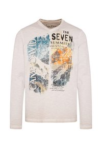 Langärmliges, hellbeiges T-Shirt mit grafischem Druck von Bergen und schwarzem sowie blauem Text, ausgestattet mit Rundhals und weichem Material.