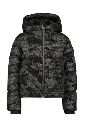 Doudoune noire et grise à motifs, avec capuche, fermeture éclair à l'avant, deux poches avant et logo "Virgino" sur la poitrine.