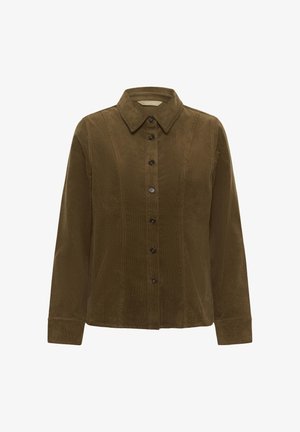 Pruunist korduroost pikad varrukad särk, millel on krae ja seitse tumedat nööpi ees, kujundatud õmbluse detailidega.