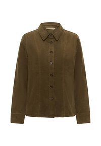 Hnedá kordová košeľa s dlhým rukávom, s golierom a siedmimi tmavými gombíkmi na prednej strane, vyrobená s detailami švov.