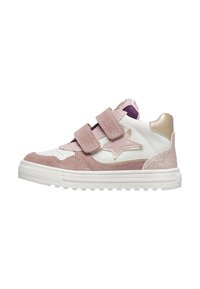 Kinderschuh aus pinkem Wildleder und weißem Leder. Mit zwei Klettverschlüssen, einem Sternelement und einem glitzernden Absatz. Gummisohle.