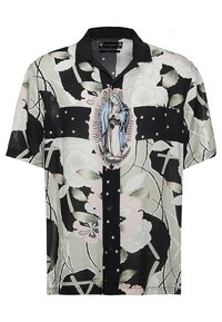 Košile s krátkým rukávem s květinovým vzorem v zelené, růžové a černé barvě, s ilustrovanou postavou a křížovými akcenty. Zapínání na knoflíky.
