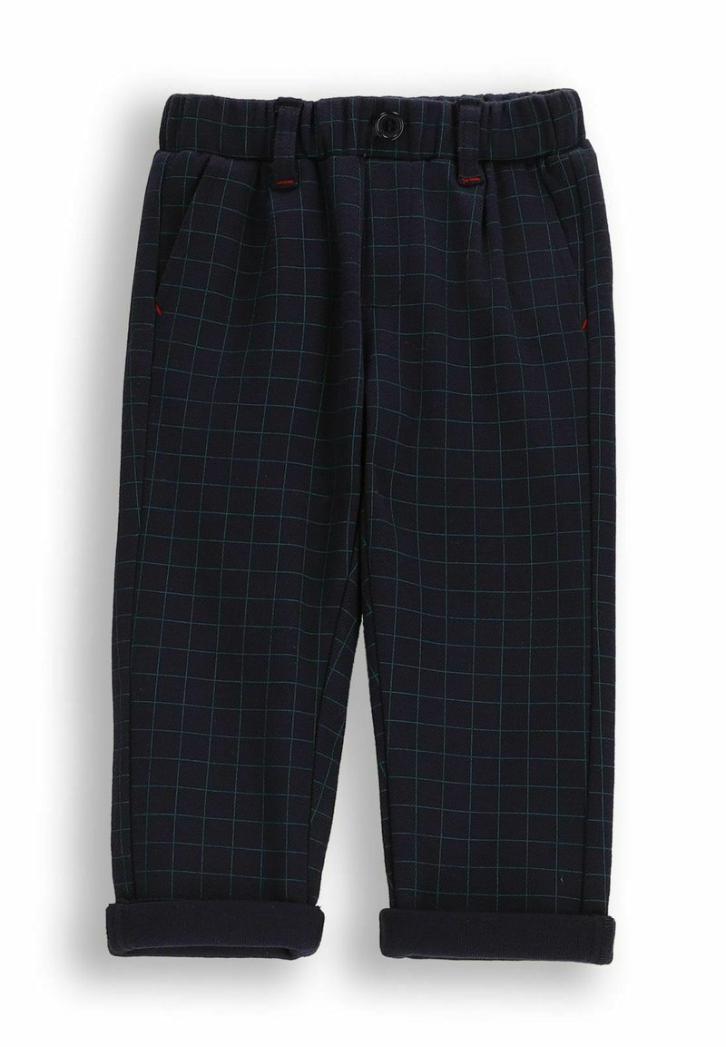 Granatowe spodnie w zieloną kratę, z elastycznym pasem, zapięciem na guzik, dwoma bocznymi kieszeniami i podwiniętymi nogawkami. Gładka faktura materiału.