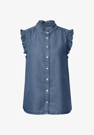 Camicia di denim con colletto arricciato e maniche corte, caratterizzata da cinque bottoni sulla parte anteriore, in un lavaggio di blu chiaro a medio.